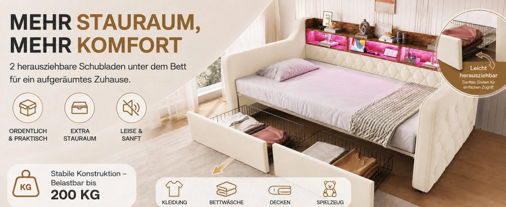Letto singolo imbottito 90x190 cm con contenitore, LED integrato, porte USB e Type-C, testiera con ripiani e 2 cassetti beige