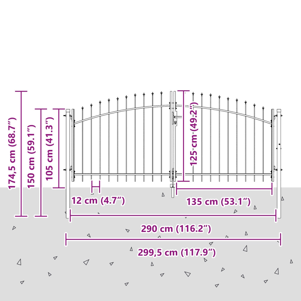 Cancello da Giardino con Punta a Lancia Doppia in Grigio 125x300 cm in Acciaio