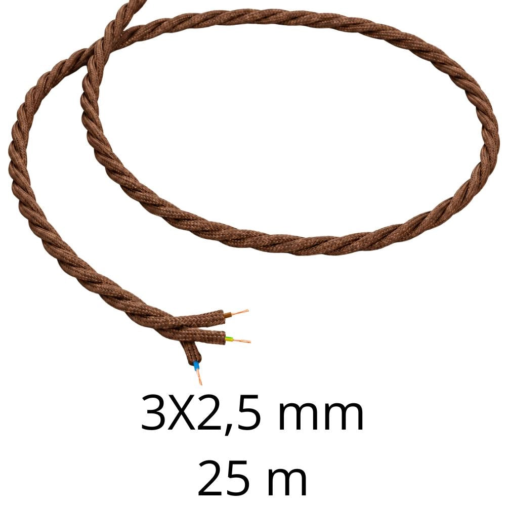 Cavo elettrico intrecciato in tessuto marrone per impianti a vista *** lunghezza metri 25, sezione conduttore 3x2,5mm...