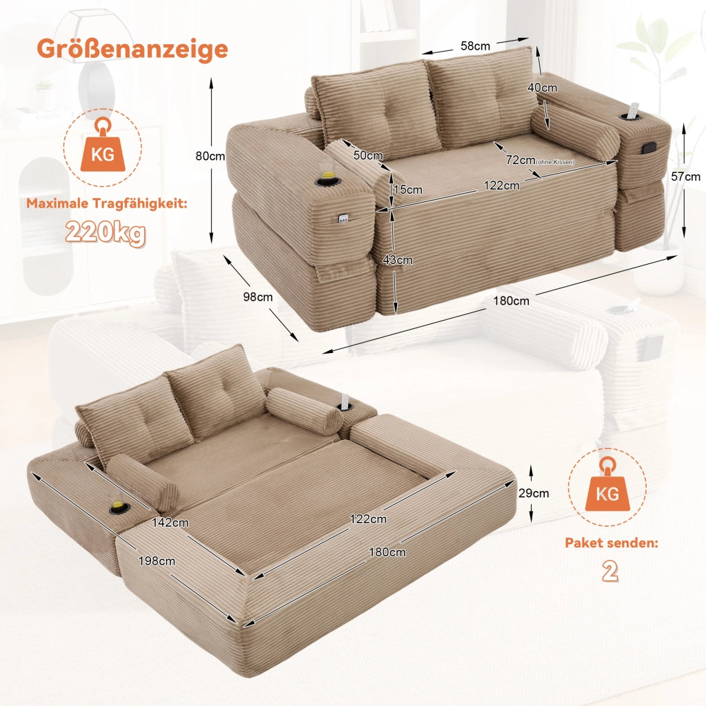 Divano letto modulare in tessuto corduroy con cuscini memory, tasche laterali e portabicchieri, khaki