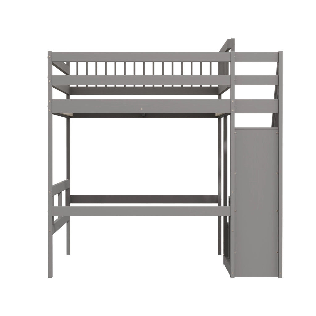 OKWISH Letto a soppalco 140×200 cm, Letto Matrimoniale con Scala Contenitore, 3 Armadietti e Sponda Alta, senza Materasso, Grigio