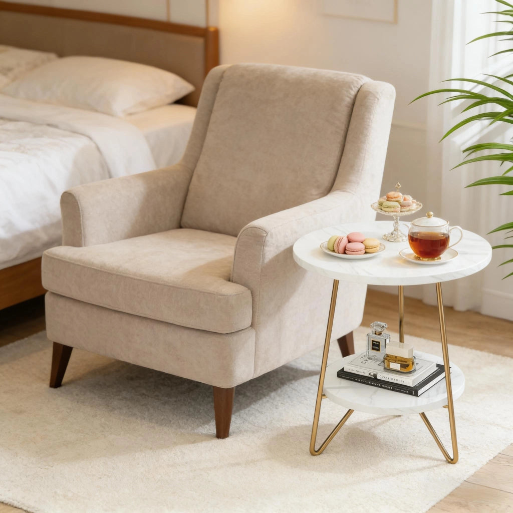 Tavolino basso con 2 ripiani in effetto marmo e gambe in metallo, per soggiorno, bianco oro, 47 × 47 × 55 cm