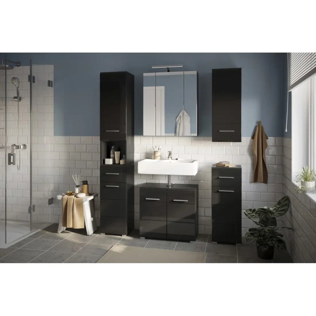 Mobile da bagno con specchio e LED - Nero lucido - KLEANKIN