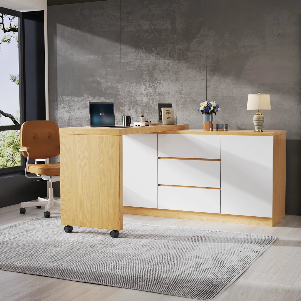 Scrivania pieghevole con piano girevole a 360° e 3 cassetti, per ufficio, in truciolare, rovere, 120 × 50 × 76,5 cm