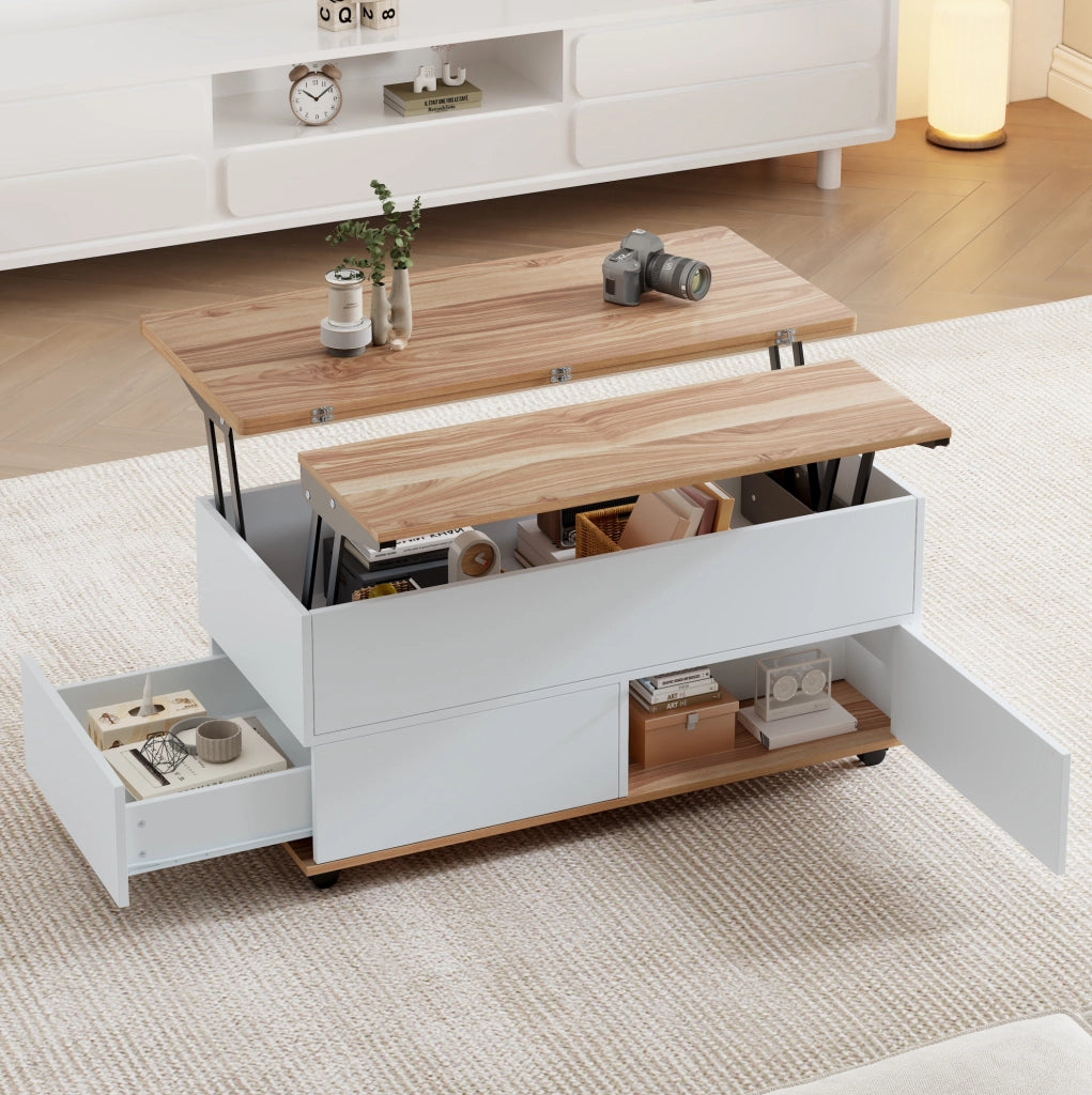 Tavolino da caffè 100x98x65 cm sollevabile con contenitore; pannello truciolare; bianco e naturale