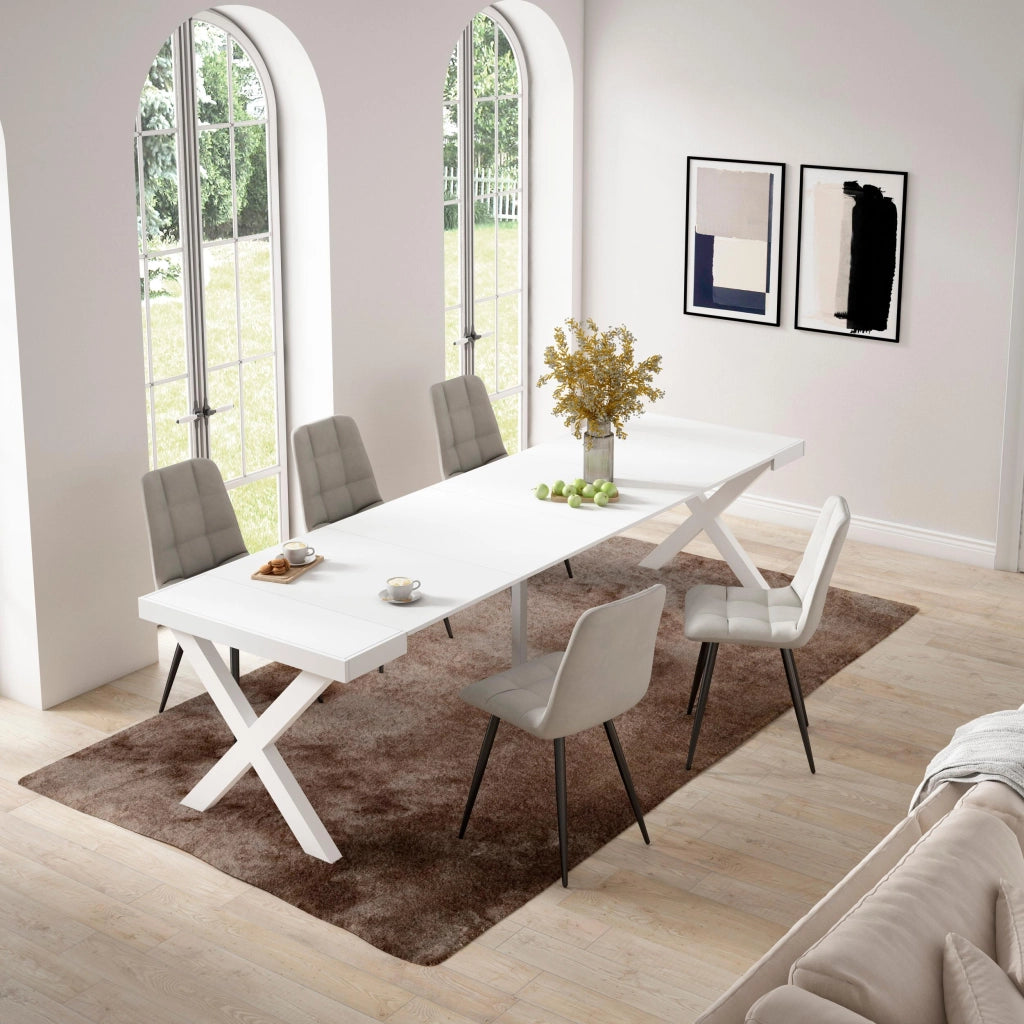 Consolle allungabile, 58 fino 302x90x73cm, Per 14 persone, Gambe in legno, Bianco RF2826