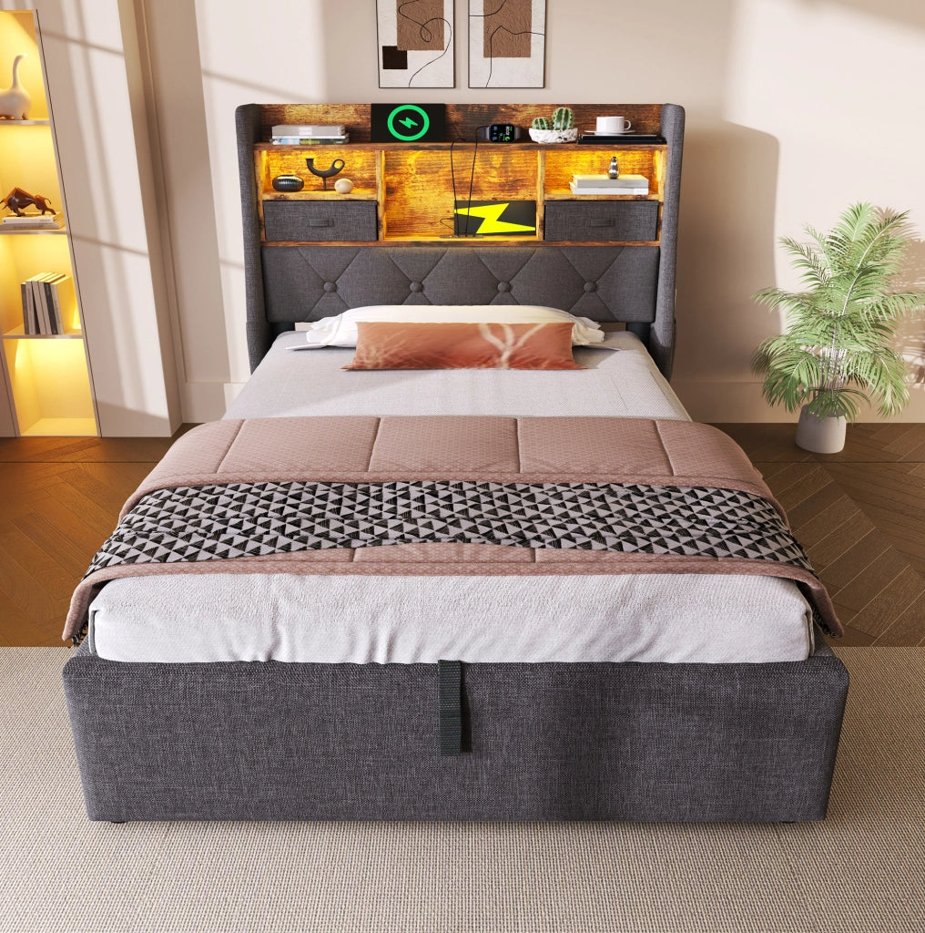Letto imbottito 90x200 cm con contenitore idraulico; LED e prese USB Type-C; grigio