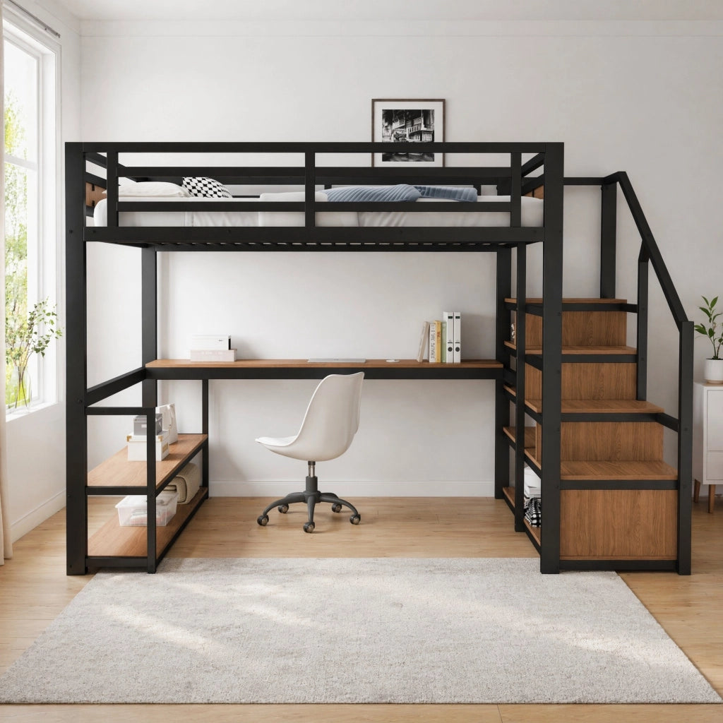 LETTO A SOPPALCO 140x200 cm in metallo nero con scrivania e ripiani