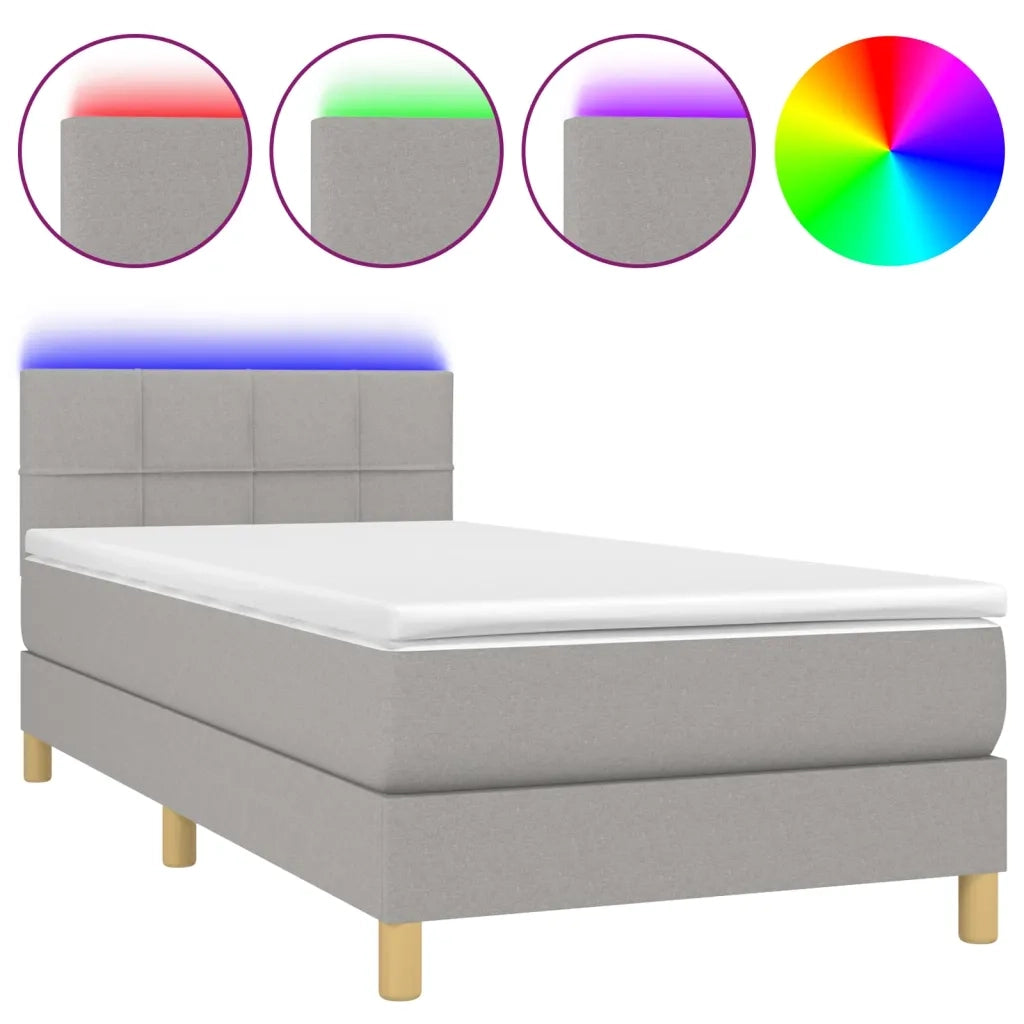 Letto singolo | Letto per adulti | Letto a Molle Materasso e LED Grigio Chiaro 90x200 cm Tessuto