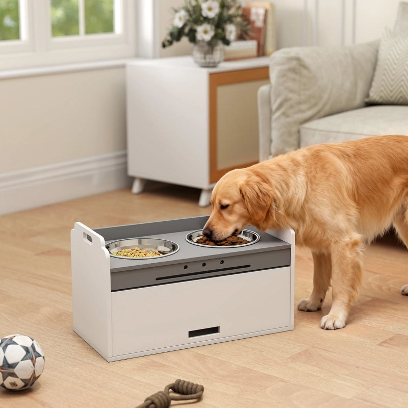Mangiatoia rialzata per cani con mobile contenitore, 2 ciotole in acciaio inox, bianco