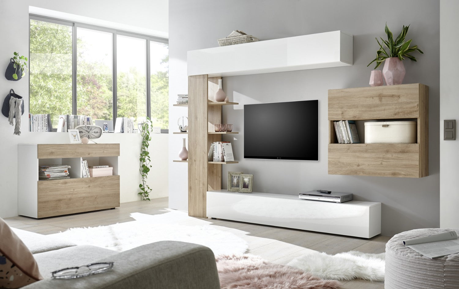 Credenza Mobile Soggiorno 1 Anta 2 Vani 111x42x82 cm TFT Akira Bianco e Naturale