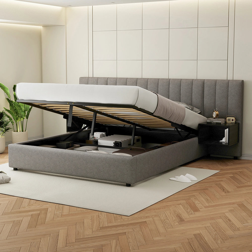 Letto imbottito 160x200 cm con 2 comodini con spazio di archiviazione - Xylo - Grigio + Nero