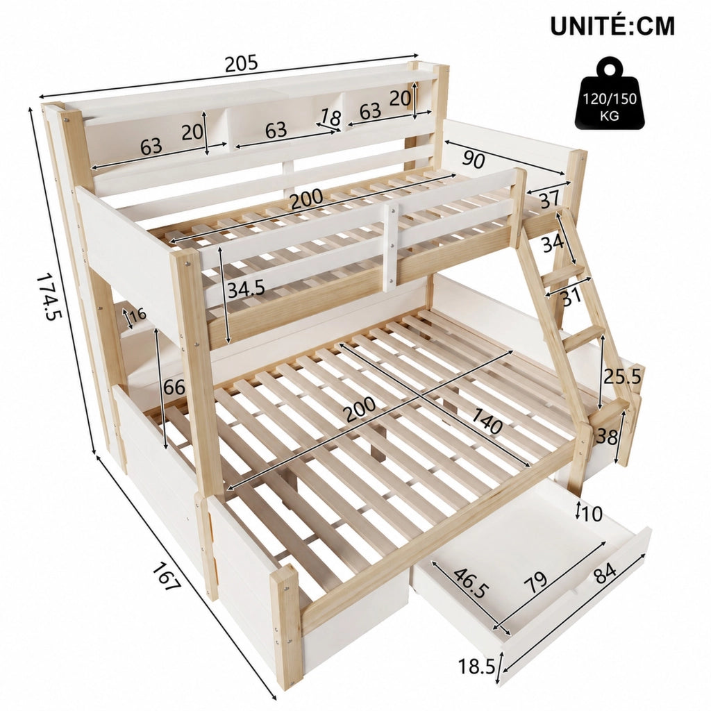 Letto a castello 90 × 200 cm e 140 × 200 cm con LED, scomparti, cassetto, senza materasso, pino bianco e naturale