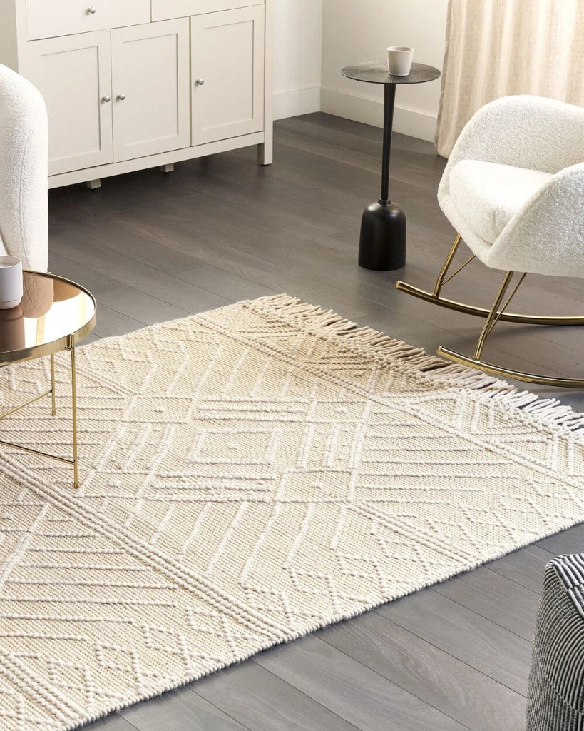 Tappeto di lana beige fatto a mano nappe 160 x 230 cm soggiorno camera da letto