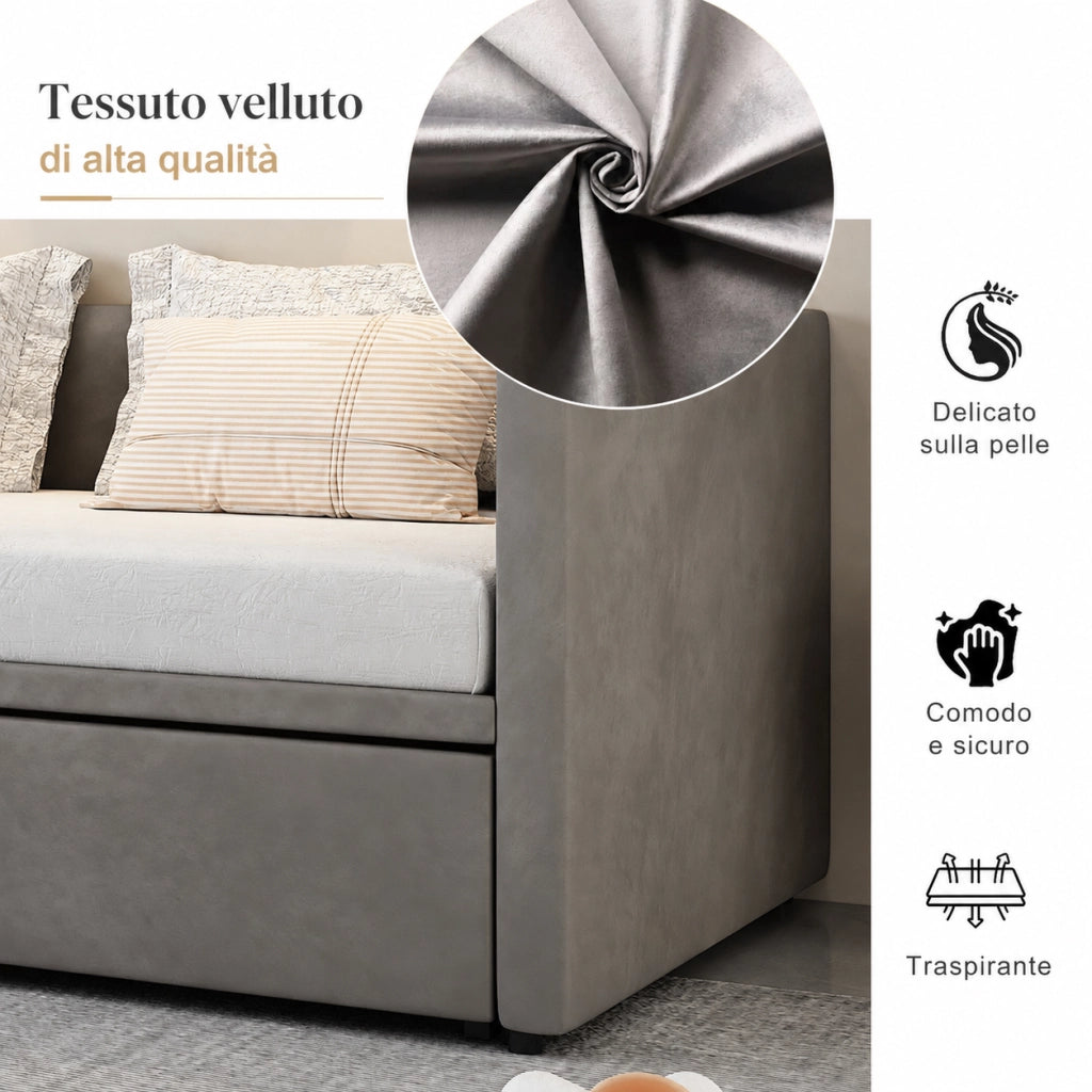 Divano letto in velluto grigio, trasformabile in 3 configurazioni, struttura robusta portata 300kg, divano multifunzione per soggiorno