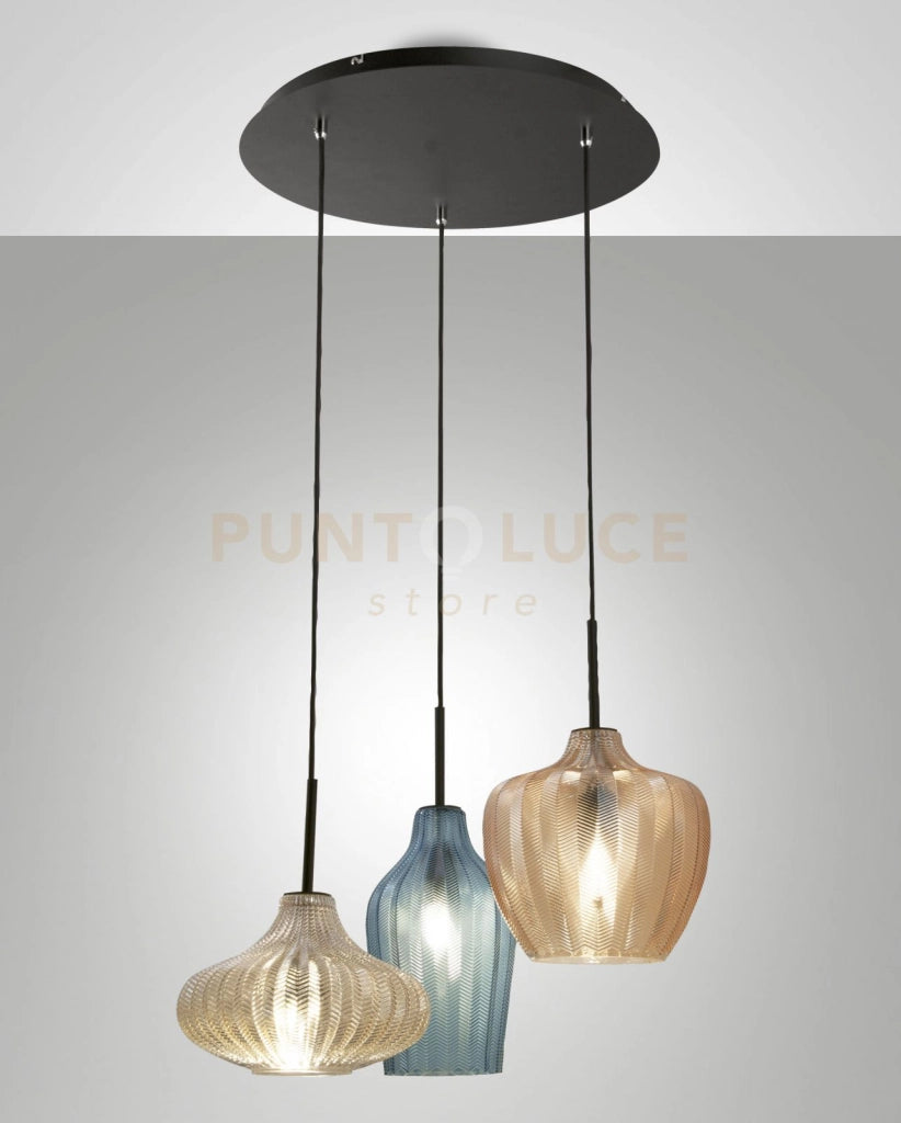 OLBIA SOSPENSIONE 3 LUCI AMBRA AZZ.CHAMPAGNE 3725-47-363