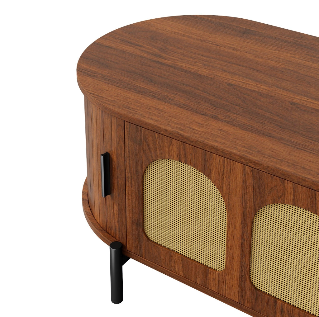 Tavolino da salotto ovale 100 x 50 x 40 cm in MDF color noce con ante in rattan e ripiani