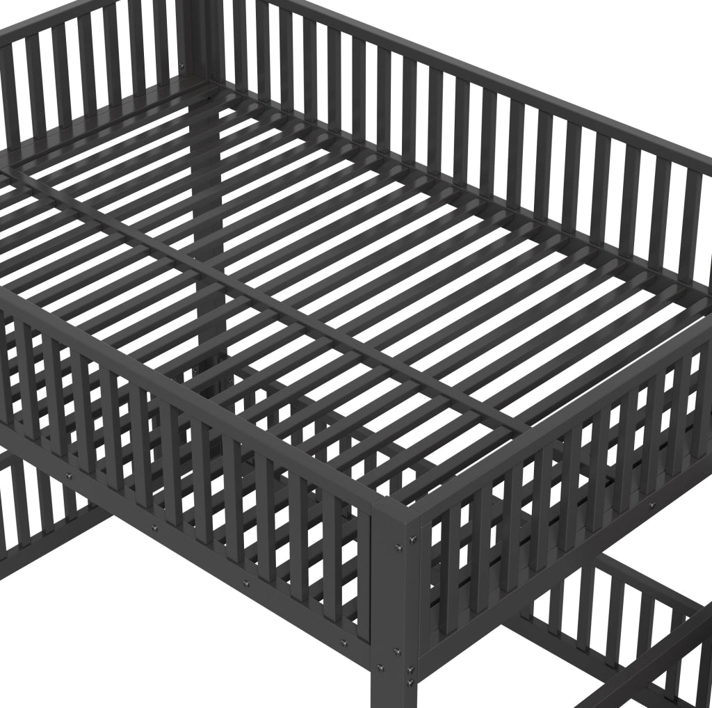 Letto a castello 140x200 cm in metallo nero con LED e scaletta contenitore
