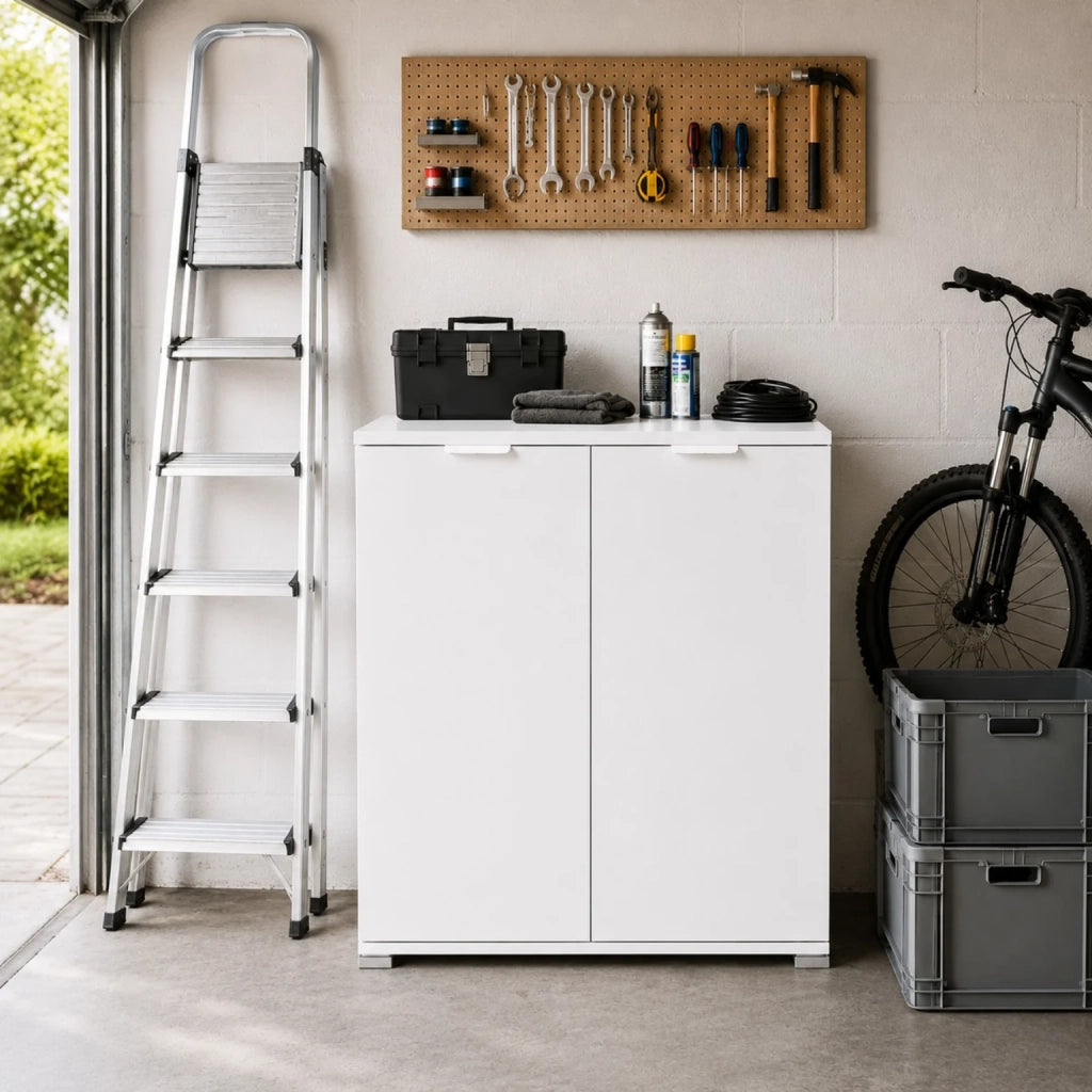 Mobile Base 2 Ante Bianco Già Montato | Armadietto Salvaspazio 75x85x38 cm | Mobile Bagno e Lavanderia con Ripiani Regolabili e Struttura in Legno Nobilitato