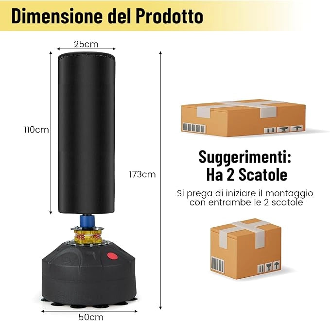 Sacco da Boxe 173 cm, Sacca da Boxe da Terra Autoportante e Pesante con Guantoni, Base a Ventosa, Costruzione a 5 Strati e Sistema Antivibrazioni per Adulti e Palestra Domestica