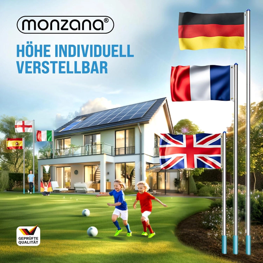 ® Set Montaggio Bandiera con Asta in Alluminio 6,5 m Incl. Fune Moschettone Gancio per Messa a Terra Regolabile in Altezza