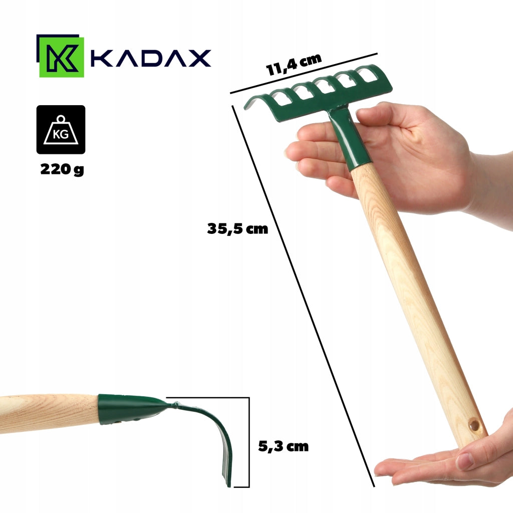 Rastrello da giardino in metallo KADAX, piccolo, 35 cm, 6 denti, manico in legno massello