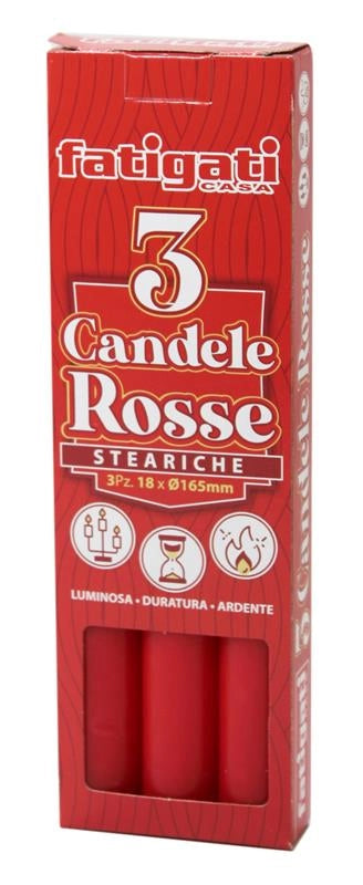 CANDELE ROSSE STEARICHE 3 PZ 18 X 165D MM LUMINOSE DURATURE E ARDENTI PWE CANDELABRO
