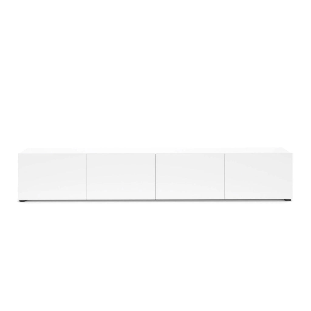 Mobile porta TV Ame, Credenza da soggiorno, Armadio basso per TV, Base parete attrezzata, Made in Italy, 225x38h39 cm, Bianco lucido