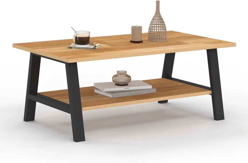 Tavolino rettangolare MADELEINE 100 cm doppio piano legno e nero