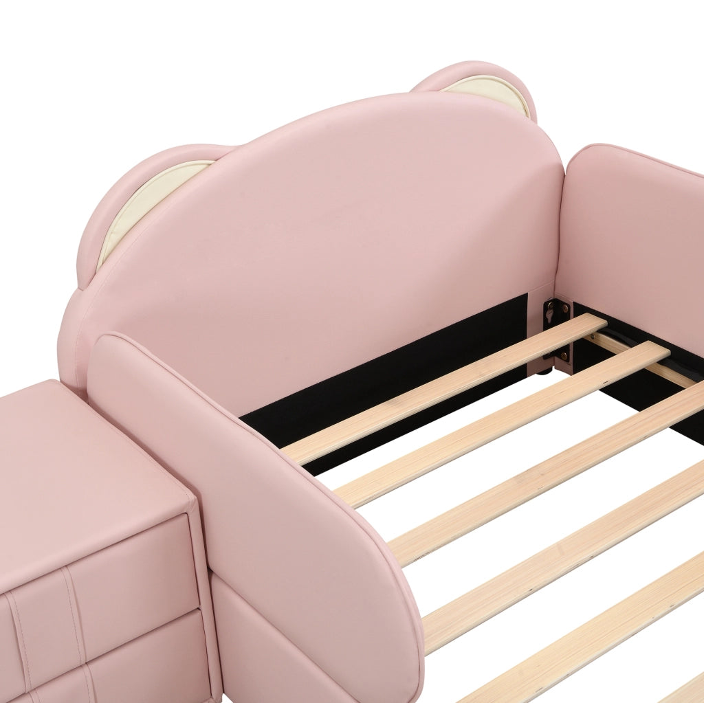 Letto imbottito 90x200 cm con testiera a forma di orso e comodino in PU rosa