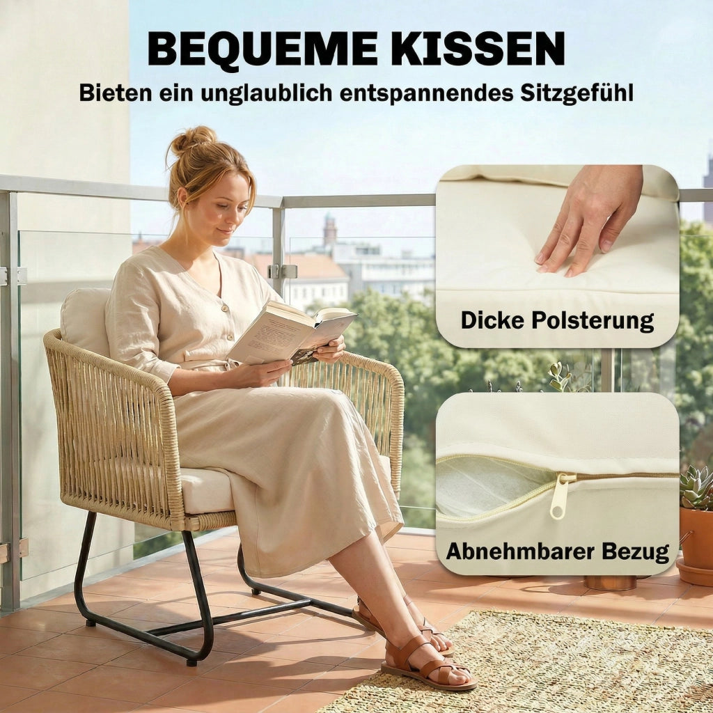 Set Bistro 3 Pezzi in Rattan con Cuscini ¨C zephmum ¨C Grigio, Polipropilene, 2 Sedie e Tavolo