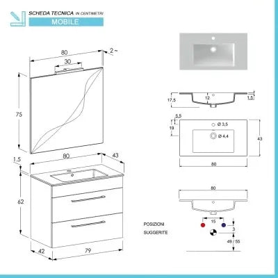 Mobile bagno sospeso 80 cm Smart grigio legno/lava con specchio
