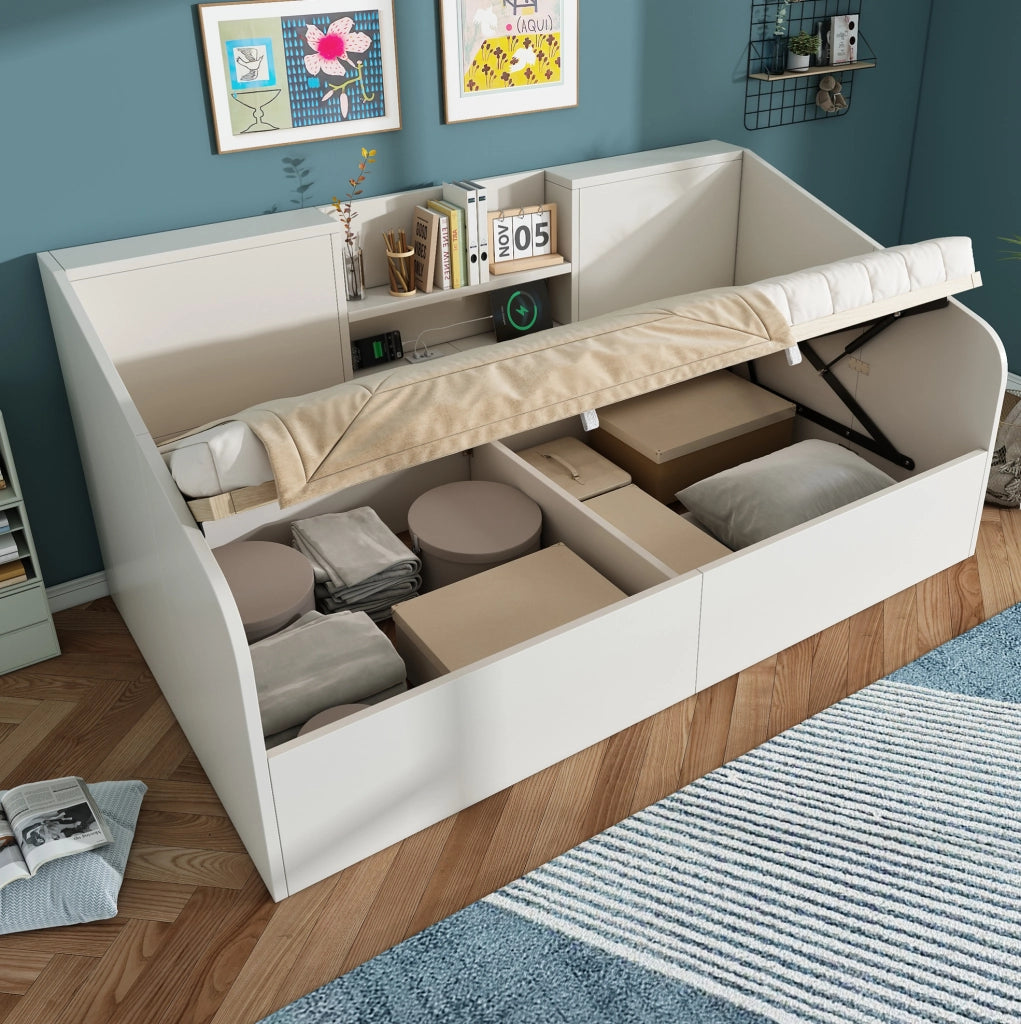 Letto da giorno 90x200 cm bianco in legno con contenitore; 2 ripiani e porta USB