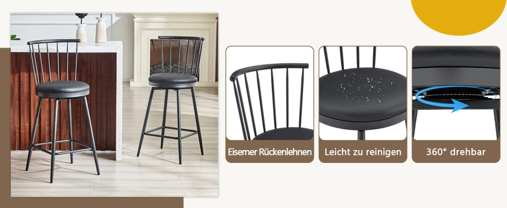 Sgabello da bar in metallo con seduta imbottita in pu e schienale stile windsor nero 73 × 45,5 × 45 cm
