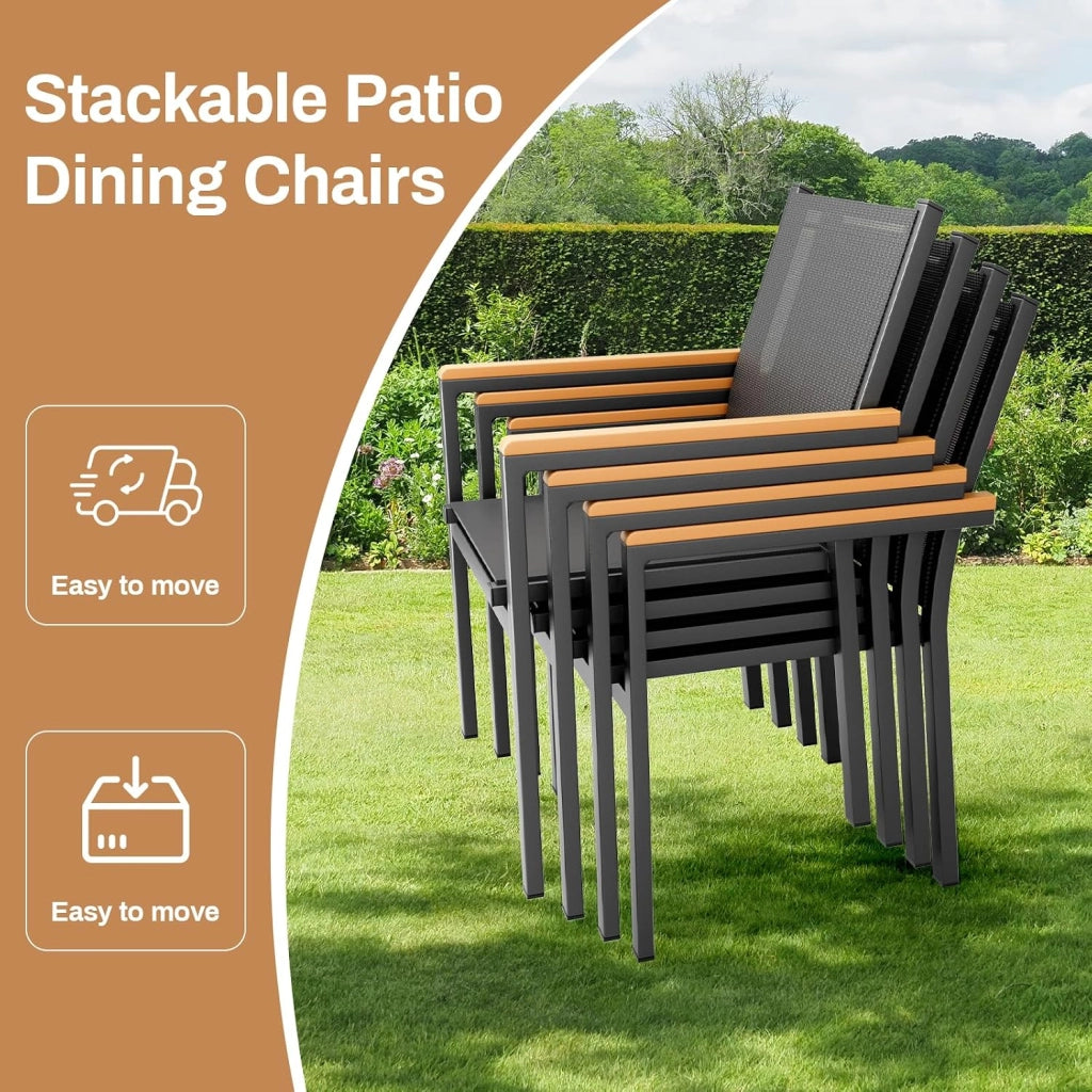 Sedie Da Giardino set da 4, Sedia impilabile per sala da pranzo in alluminio, Corrimano in WPC, Sedie Da Esterno Per Esterni, per terrazza, balcone, terrazza, piscina, ristorante, Nero