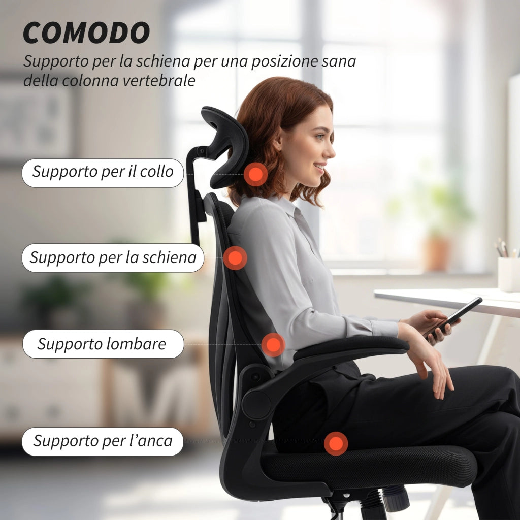 Sedia da Ufficio Ergonomica con Braccioli Ribaltabili Supporto Lombare e Poggiatesta Regolabile Nero