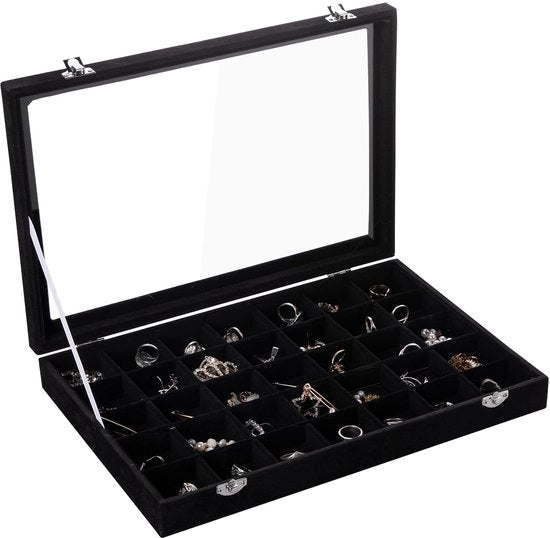 Organizzatore di gioielli in velluto con 35 contenitori, copertura trasparente, chiusura a serraggio, contenitore per anelli e orecchini, accessorio per regalo (nero 35 contenitori)