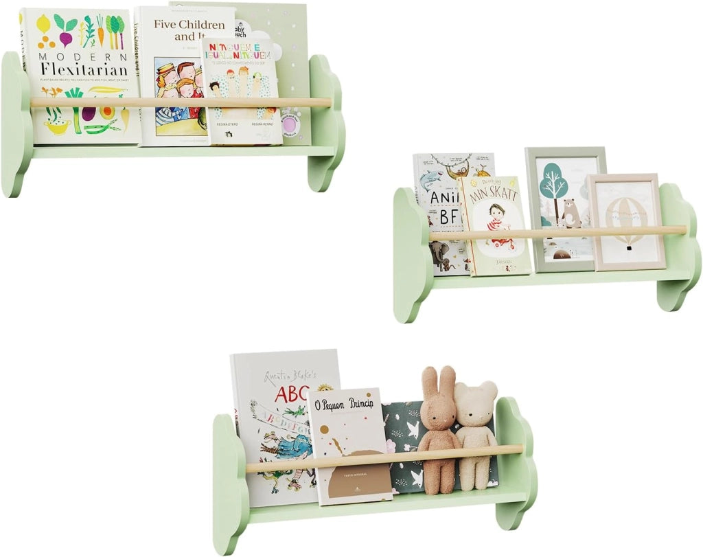 Libreria da Parete per Bambini, 3 Mensole per Cameretta, Porta Libri e Giocattoli, Libreria Sospesa in Pino e MDF, Bianco