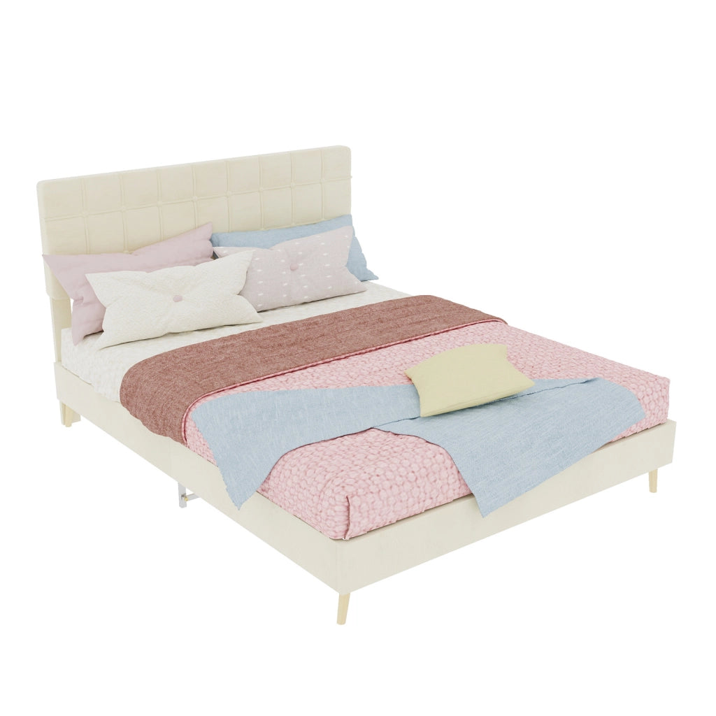 Letto 140x200 cm con testiera imbottita a quadri in velluto beige