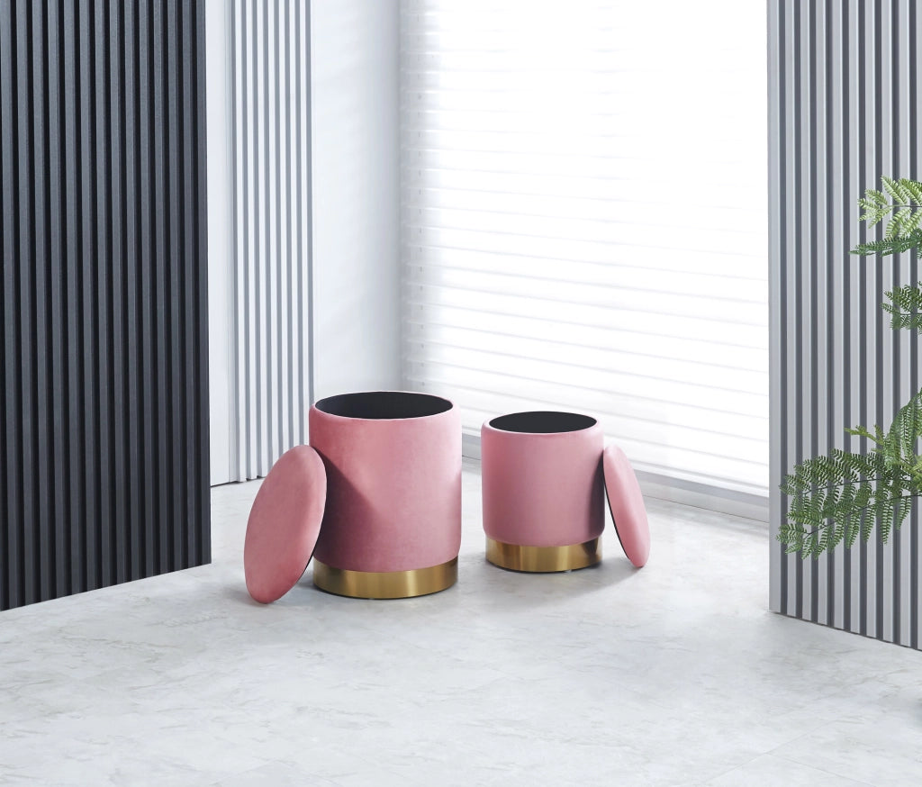 Set Di 2 Pouf Contenitore In Velluto Design Moderno Poggiapiedi,Sgabello Tondo con Coperchio Rimovibile e Seduta Imbottita Alta Densità Con Fascia In Metallo Capiente Storage Box  - Rosa Antico