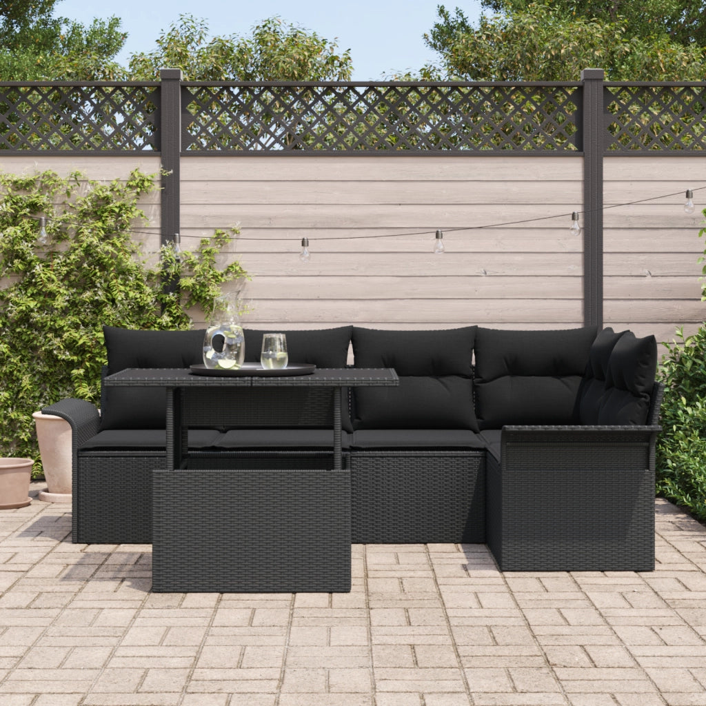 Set Divano da Giardino 6 Pezzi con Cuscini Nero Polyrattan