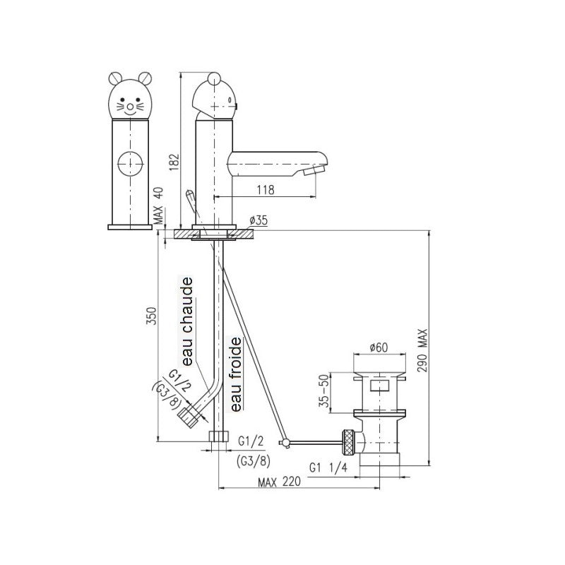 Rubinetto miscelatore lavabo Bear per bambini con sifone