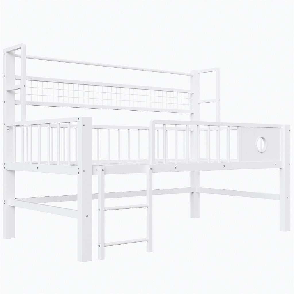 Letto a soppalco basso per bambini 90 × 200 cm con sbarre di sicurezza, appendiabiti e ripiano, senza materasso, bianco