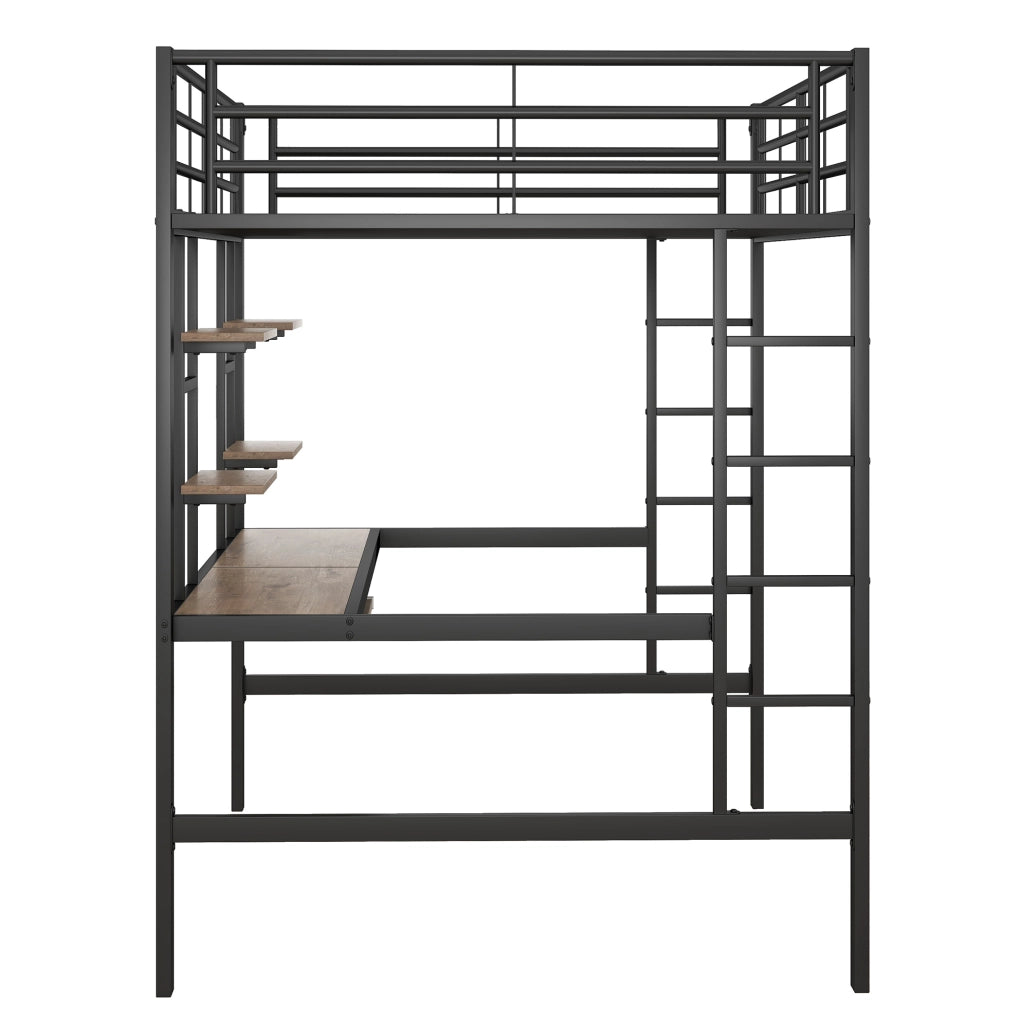 Letto a soppalco in metallo con scrivania e librerie