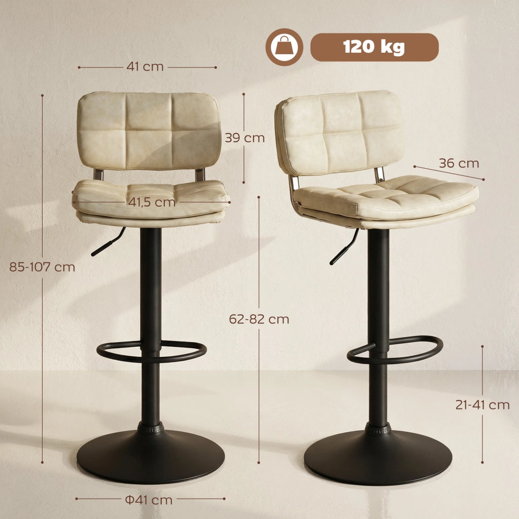 Sgabelli da bar ¨C Minimal ¨C 2 pezzi, imbottiti, girevoli, regolabili, poggiapiedi, rivestimento sintetico crema