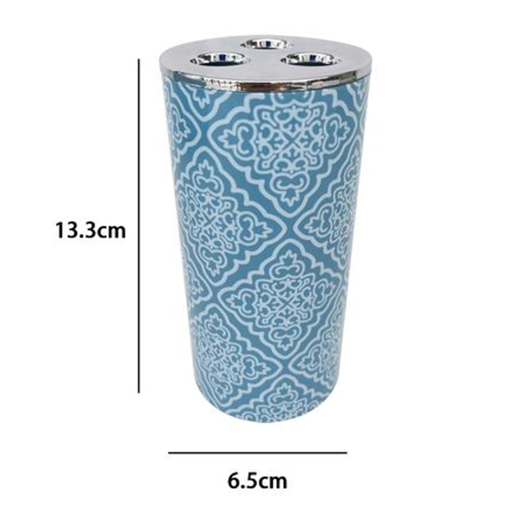 Trade Shop - Bicchiere Porta Spazzolino A 3 Fori Accessorio Bagno Celeste Con Maioliche 87027 -