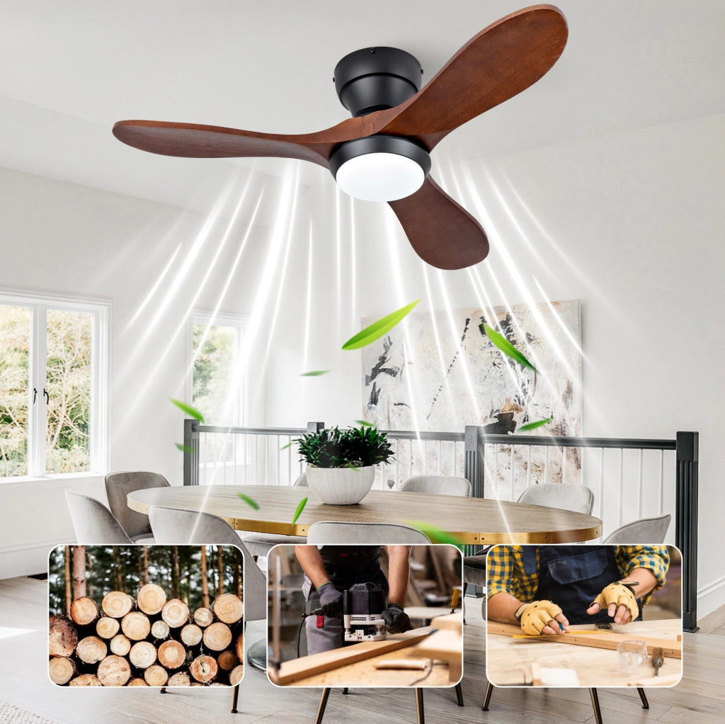 Ventilatore da soffitto 36 pollici con luce LED, telecomando e 3 pale in legno