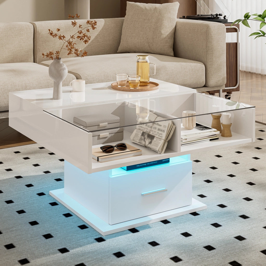 Tavolino da caffè sollevabile 78x78x45,5/59,5 cm bianco con LED e contenitore