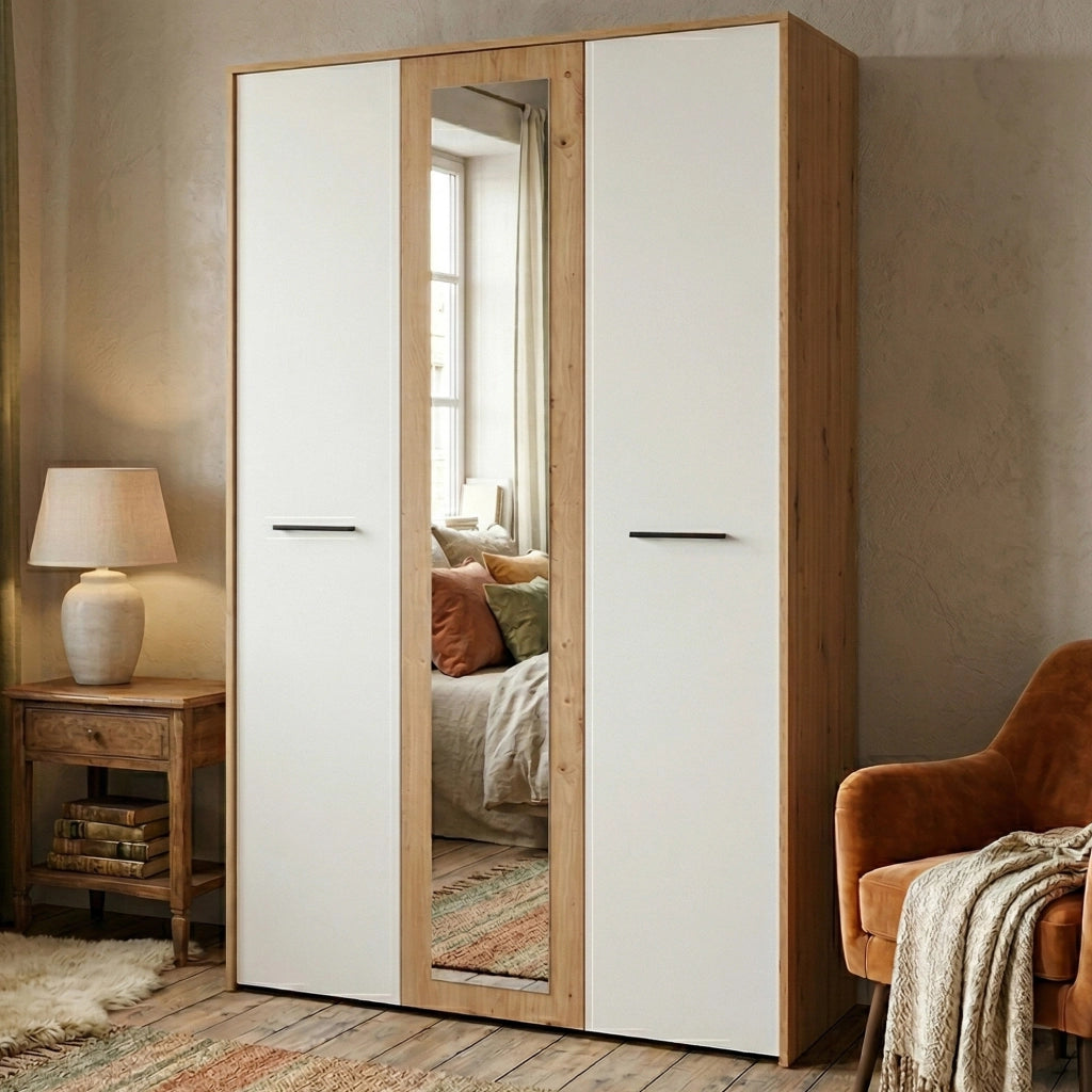 Armadio Camera da Letto Lavagno, Guardaroba 3 Ante Appendiabiti, 119x53 cm Bianco Rovere Nodi