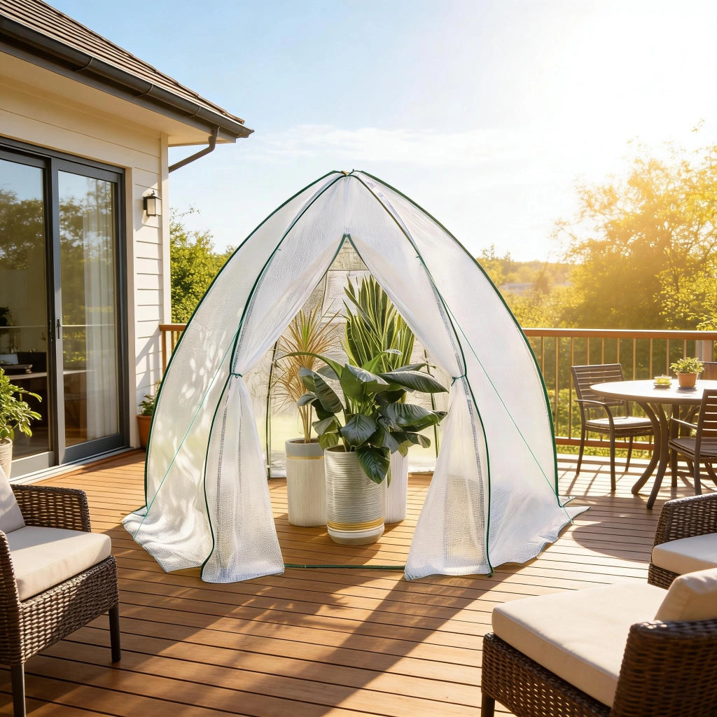Semenzaio da giardino con struttura conica, porta con zip e rete zanzariera, in acciaio e PE bianco 240 × 200 × 240 cm